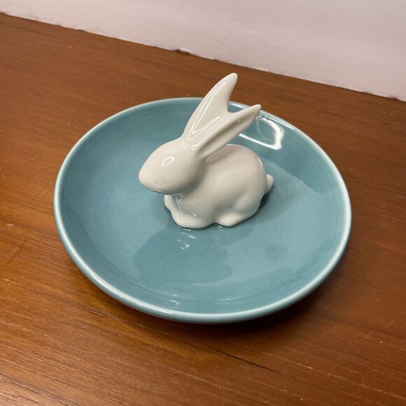 Lauren Conrad Brand Teal and White Bunny Trinket Tray Plate - Picture 1 of 6